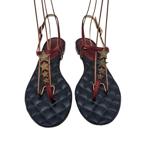 Chanel CC Star T Strap Thong Flat Sandal Navy Red Quilt Leather 40 C US 9 9.5 - Picture 3 of 12